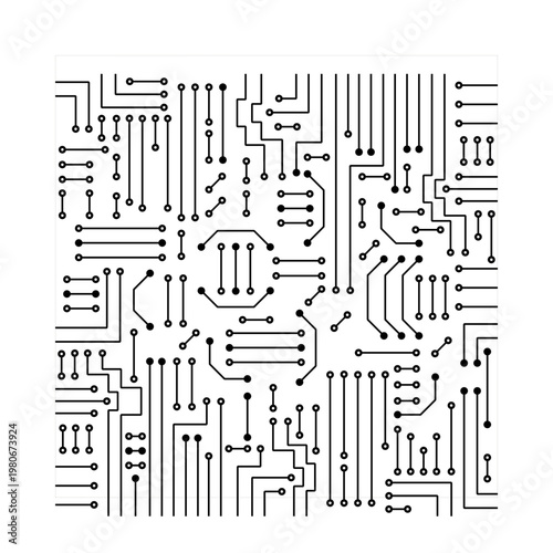 Monochromatic circuit board pattern features interconnected lines and dots, creating an intricate design that symbolizes complex digital pathways, modern electronics, and the underlying structure of a