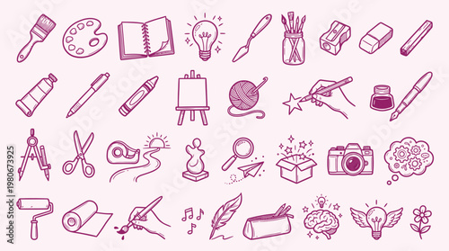 A collection of hand-drawn icons representing various art and creative supplies, tools, and concepts.