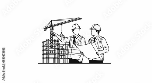 Two construction workers in hard hats and safety vests review blueprints on a site