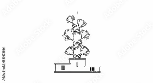 Trophies stacked precariously on a winner's podium, appearing unstable