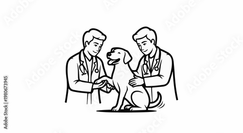 Two veterinarians examine a happy dog