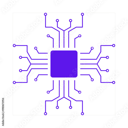 Purple microprocessor chip icon displays intricate circuit board pathways extending outward to represent advanced computing technology and modern electronic hardware integration for digital infrastruc