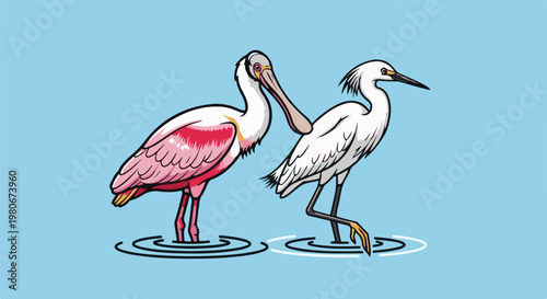 Two wading birds, one pink and white, one all white, stand in shallow water
