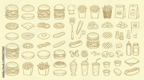 A vintage-style illustration featuring a comprehensive collection of hand-drawn fast food elements, including burgers, fries, hot dogs, and drinks, presented on a pale yellow background.