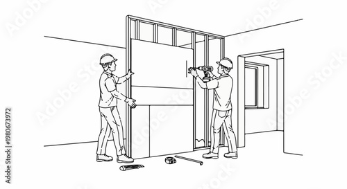 Two construction workers install wall panels inside a building