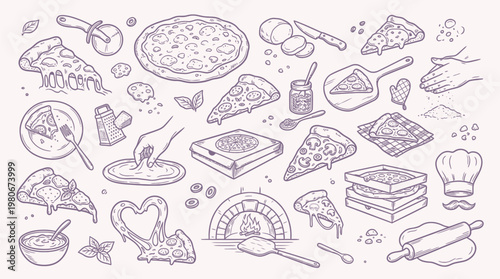 A charming hand-drawn illustration showcasing the delightful process of making and enjoying pizza, from ingredients to the final baked product.