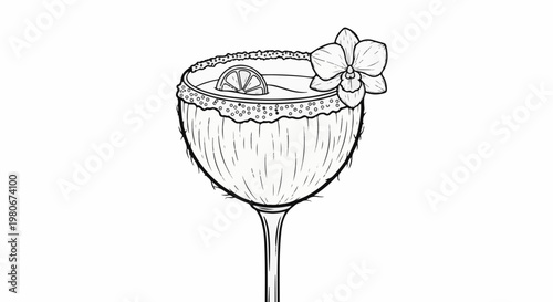 Tropical cocktail in a coconut shell, garnished with lime and orchid