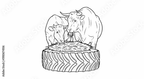Two cows eating hay from a tire feeder