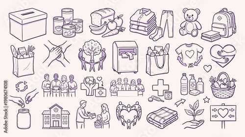 A collection of hand-drawn illustrations depicting various acts of charity, donation, and community support, including items for giving and receiving aid.