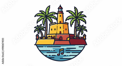 Tropical island lighthouse with palm trees and musical notes in water