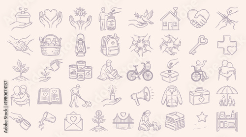 Collection of hand-drawn icons representing various aspects of charity, community support, and human well-being.