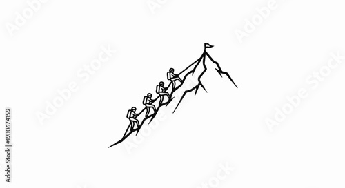 Team of climbers ascend a steep mountain towards a summit flag