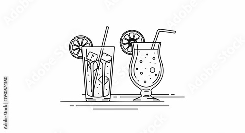 Two refreshing drinks, one with ice and straw, the other with bubbles