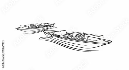 Two rowboats with oars resting across them on a white background