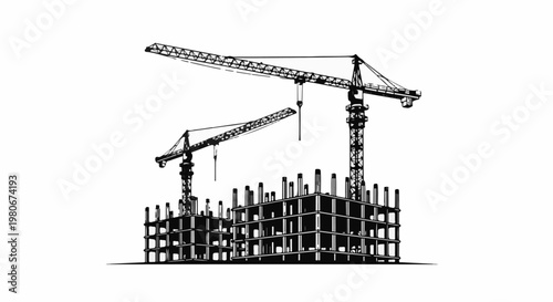Two cranes tower over a partially built concrete structure against a white background