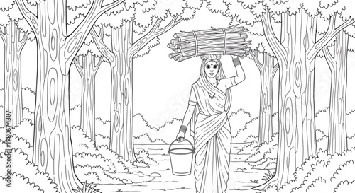 Traditional Rural Woman Carrying Firewood and Bucket on Forest Path. Daily Life, Hard Work, Nature, Sustainability Art
