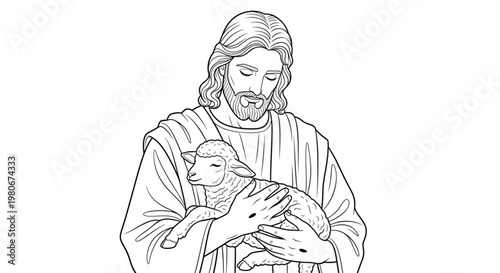 Jesus Good Shepherd Holding Lamb Line Art Coloring Page for Christian Faith, Spiritual Teaching, Love, and Sacrifice