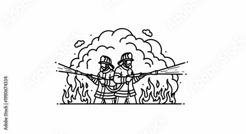 Two firefighters wearing protective gear combat a large fire and smoke with hoses