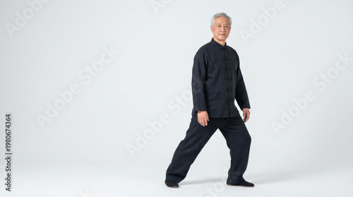 Tai chi walking exercise with elderly man in traditional black outfit practicing slow movement for balance and health