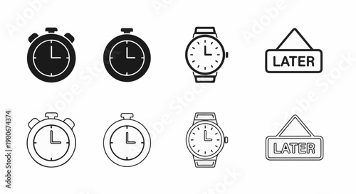 Two rows of clock icons stopwatches and wristwatches, plus signs