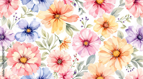 Romantic floral watercolor pattern features blooming petals leaves and gentle tones creating dreamy textile inspiration today