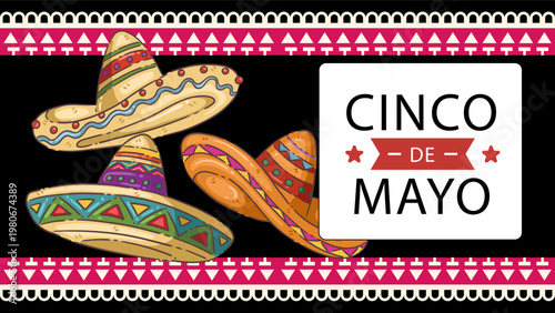 Cinco de Mayo Celebration Horizontal Banner with Traditional Sombreros and Folk Art Patterns