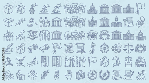 A comprehensive collection of hand-drawn icons representing various aspects of government, law, and civic engagement.