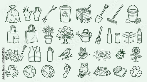 A collection of hand-drawn icons representing environmental conservation, gardening, and nature, including tools, plants, animals, and recycling symbols.