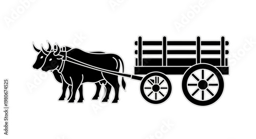 Black silhouette of oxen cart.