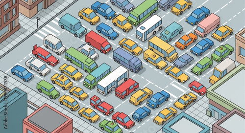 Busy City Street with Many Cars and Buses in Traffic Jam.