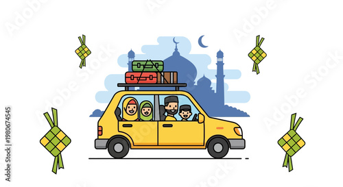 Family in yellow car with luggage.