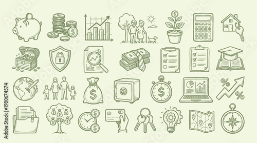 A collection of hand-drawn icons representing various financial and business concepts, including savings, investment, security, and growth.