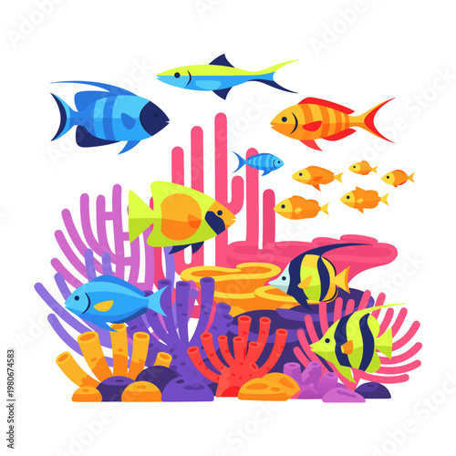 Colorful tropical fish swimming above coral reef scene