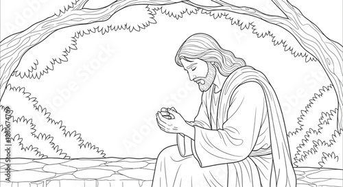 Devout Man Praying Outdoors Coloring Page for Christian Education and Peaceful Spiritual Reflection