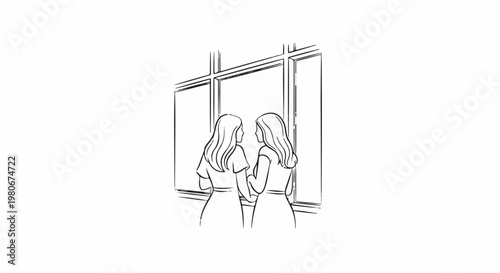 Two young women gaze out of a large window