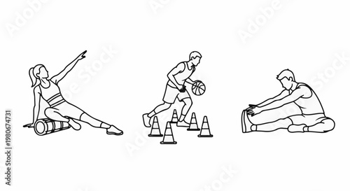 Three individuals engage in various fitness activities stretching, dribbling, and core work