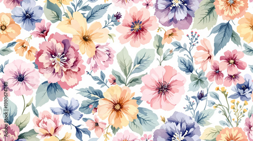 Artistic watercolor flowers blend beautifully into decorative repeating pattern evoking nature calmness and elegance today