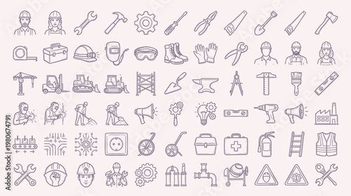 A comprehensive collection of line art icons representing various tools, equipment, and professions within the construction and industrial sectors.