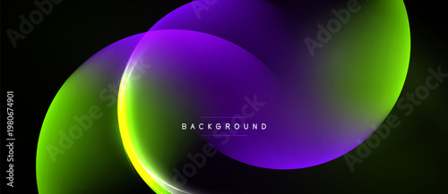 Abstract fluid shapes overlap. Vibrant purple, green hues blend. Minimalist design with text background centered. Dark backdrop enhances color contrast.