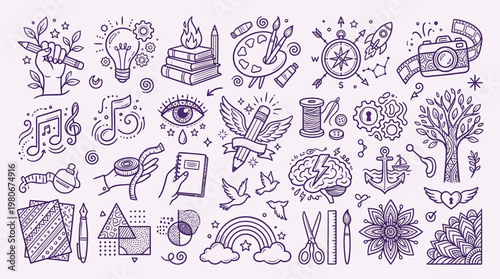 A vibrant collection of hand-drawn doodle icons representing creativity, art, and inspiration, perfect for design projects.