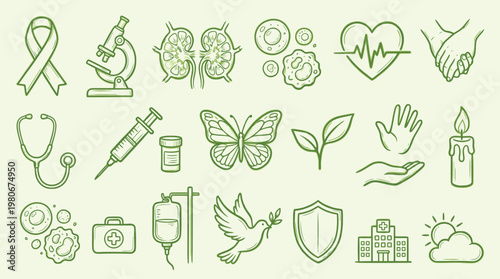Collection of medical and health-related icons, including a ribbon, microscope, kidneys, cells, heart monitor, hands, stethoscope, syringe, IV drip, butterfly, plant, and hospital.