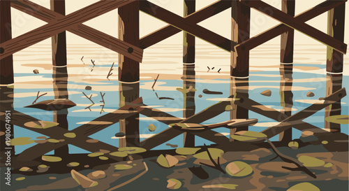 Underneath a wooden pier with reflections on the water surface