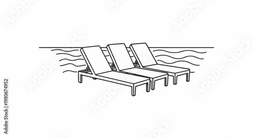 Three lounge chairs arranged beside wavy water