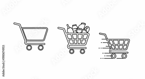 Three line art shopping carts empty, full, and fast