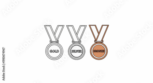 Three medals, gold, silver, and bronze, hang on white ribbons against a white background