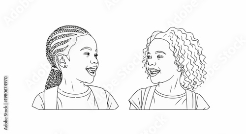 Two young girls with different hairstyles are laughing and looking at each other