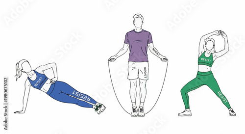 Three people doing various exercises, one with a jump rope