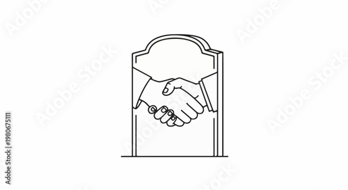 Two hands clasped in a handshake, framed by a tombstone-like shape