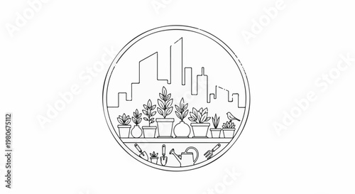 Urban balcony garden with potted plants, a bird, and gardening tools