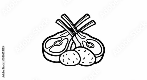 Three raw lamb chops with bones and two small potatoes, line art